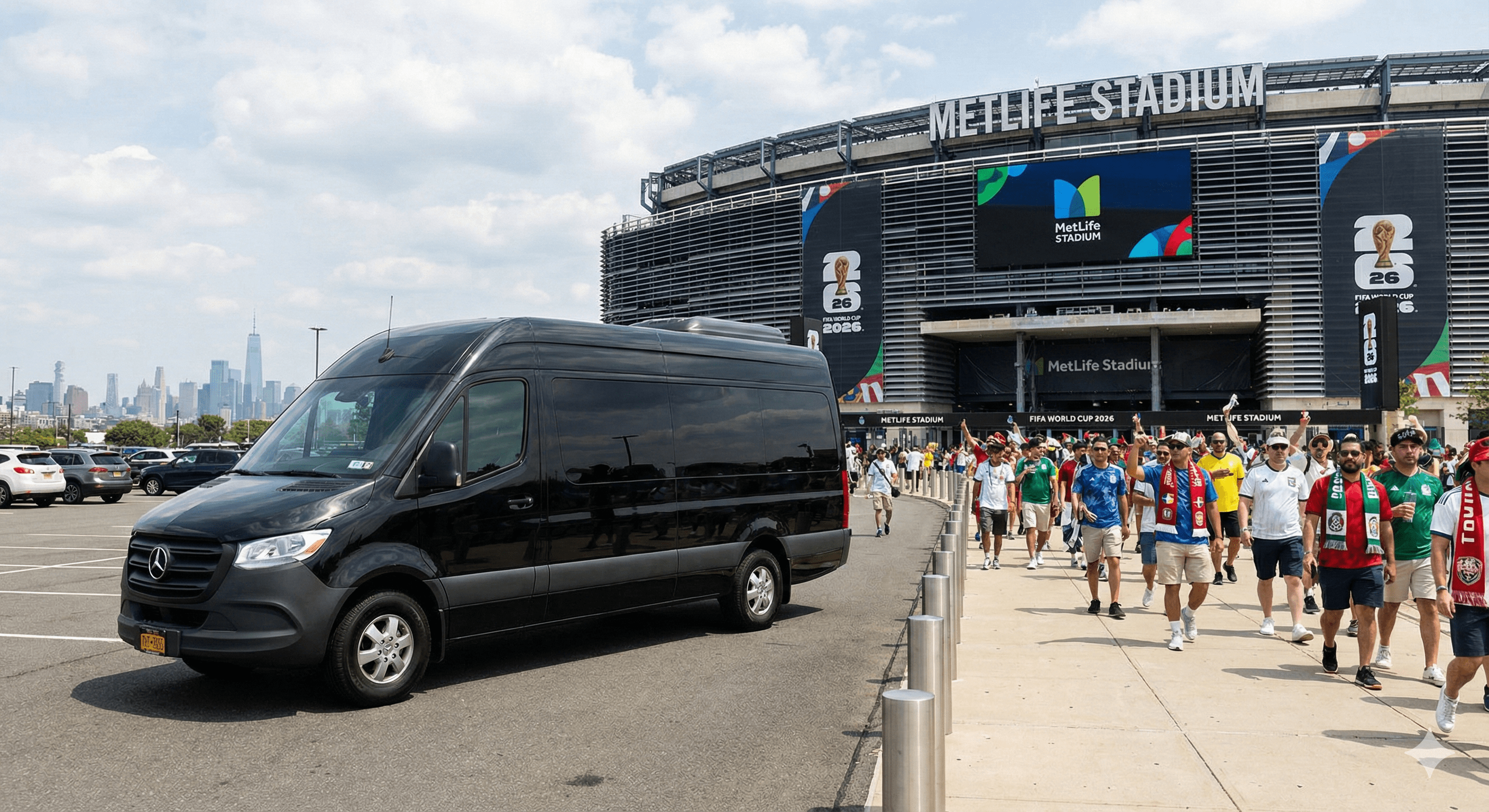 Sprinter van transporting a group of FIFA 2026 fans near MetLife Stadium in New York New Jersey.